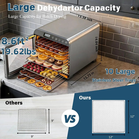Heavy Duty Ten Tray Food Dehydrator Machine That Runs Smooth Like A Champ With 800W Turbo Power And Reliable Timer showing 10 stainless steel trays with dried fruits.