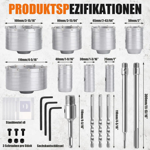 32 Piece Concrete Hole Saw Kit With 3 Drill Bits And SDS Plus And Max Shank, sizes 25 30 40 50 65 80 100 110 mm displayed