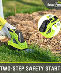 Person using Cordless Grass Shear And 2 In 1 Hedge Trimmer For Easy Yard Care on grass with two-step safety start.