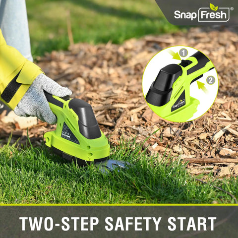 Person using Cordless Grass Shear And 2 In 1 Hedge Trimmer For Easy Yard Care on grass with two-step safety start.