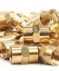Seven Hundred Piece Bulk Bundle Of Quarter Inch Female Npt Brass Pipe Couplings For Water And Fuel Lines Featuring Straight Up Solid Lead Free Construction And No Nonsense Heavy Duty Industrial Grip, brass fittings display.