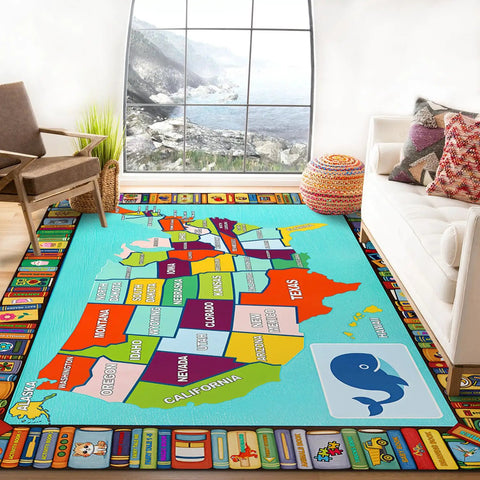 Colorful United States Map Rug For Kids Learn Geography With Labeled States On A Non Slip Washable Play Mat in living room