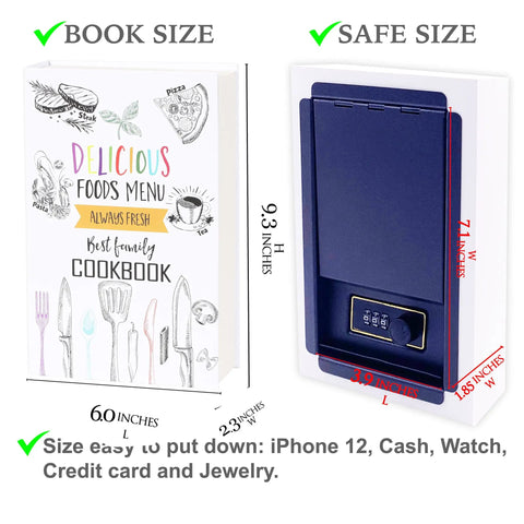 Discreet Hideaway Book Safe That Looks Like A Real Cookbook with dimensions showing the book and hidden safe interior.