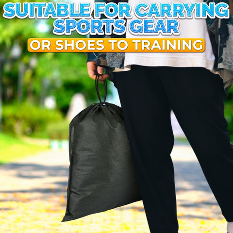 Person holding a 10 Pack Non Mesh Solid Travel Shoe Bags Set Waterproof Drawstring Sneaker Storage Organizer outdoors