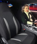 Bucket Gray Front Seat Covers Set for Cars and SUVs, 3D Air Mesh Breathable Fabric, High Back Sporty Design, shown in a vehicle.