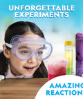 Child with goggles fascinated by Amazing Chemistry Set With 100 Plus Science Experiments For Kids Including Crystal Growing Reactions Glowing Tubes And A Colorful Bouncy Ball A Hands On STEM Gift For Boys And Girls Amazon Exclusive.