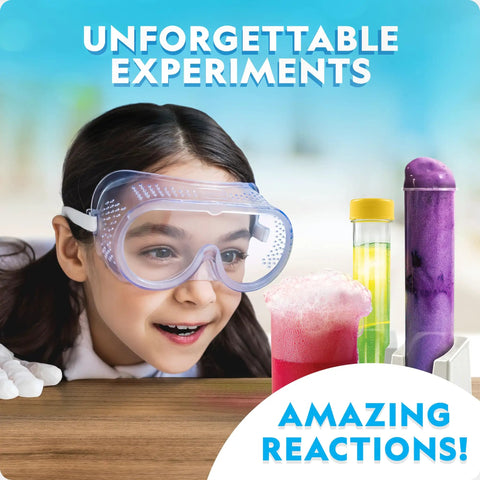 Child with goggles fascinated by Amazing Chemistry Set With 100 Plus Science Experiments For Kids Including Crystal Growing Reactions Glowing Tubes And A Colorful Bouncy Ball A Hands On STEM Gift For Boys And Girls Amazon Exclusive.