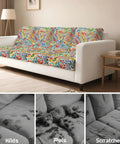 8 Pcs Paisley Patio Sofa Cushion Covers Set Stretchy Replacement Slipcovers For Outdoor And Indoor Cushions Fits 20 To 27 Inch Cushions 2 To 7 Inch Thick shown on a white sofa protecting against kids, pets, and scratches.