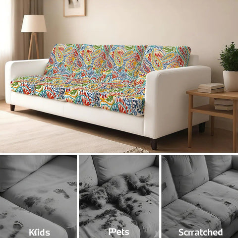 8 Pcs Paisley Patio Sofa Cushion Covers Set Stretchy Replacement Slipcovers For Outdoor And Indoor Cushions Fits 20 To 27 Inch Cushions 2 To 7 Inch Thick shown on a white sofa protecting against kids, pets, and scratches.