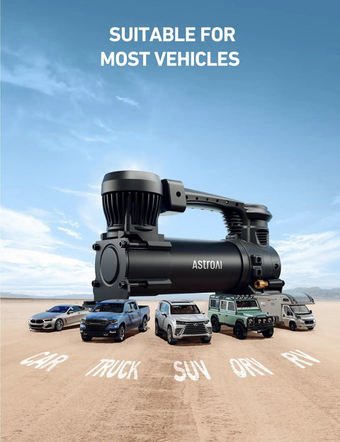 Heavy Duty 12V Air Compressor Portable Tire Pump Dropping A Solid 120 Psi Blast With Built In Led Lantern And Alligator Clamps Trail Ready For Trucks Suvs And Rv Built Like A Tank To Swallow 33 Inch Tires in front of various vehicles.