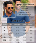 Model wearing Mens Polo Shirt Cotton Pique Short Sleeve 3 Button Closure, Classic Fit, Blue Gray Large, size chart overlay