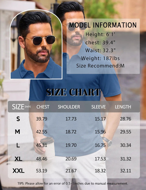 Model wearing Mens Polo Shirt Cotton Pique Short Sleeve 3 Button Closure, Classic Fit, Blue Gray Large, size chart overlay