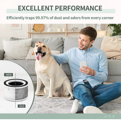 Man relaxing with dog in living room, showcasing Replacement Air Purifier Filters For Afloia Halo And Mooka Allo Units, 1 Pack.