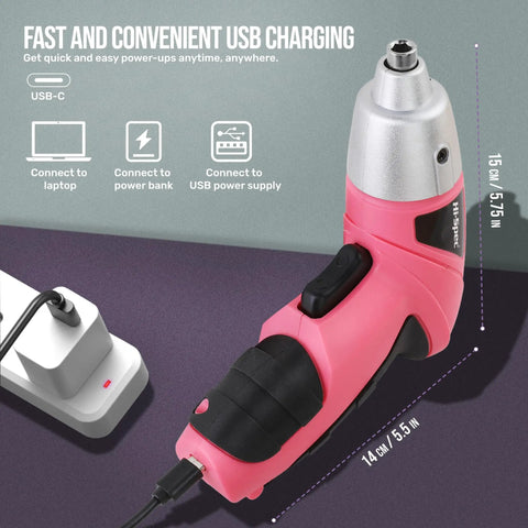 Pink Cordless Electric Screwdriver Kit For Quick Home Repairs And DIY shown charging via USB-C, highlighting compact design