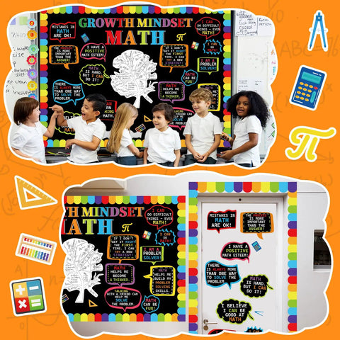 Math Growth Mindset Bulletin Board Set For Classrooms, Inspiring Wall Decor with number cutouts and themed letters on display.