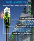 Close-up of Cat6 Ethernet Patch Cable with clear snagless plug and strain relief, showing connection in data center rack, 6 ft black cable.