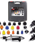 22 Piece Cooling System Pressure Tool Kit With Precision Leak Detection Pump And Universal Expandable Adapters For Cars And Trucks To Handle Any Leak Without Breaking A Sweat, displayed with various adapters and tools.
