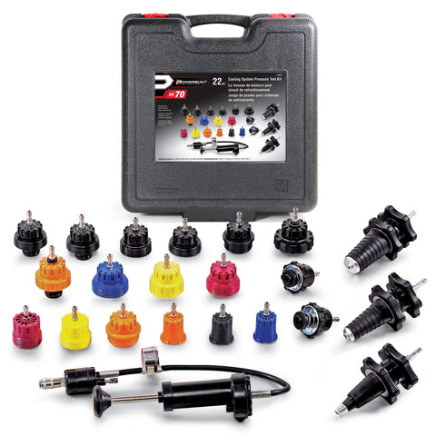 22 Piece Cooling System Pressure Tool Kit With Precision Leak Detection Pump And Universal Expandable Adapters For Cars And Trucks To Handle Any Leak Without Breaking A Sweat, displayed with various adapters and tools.