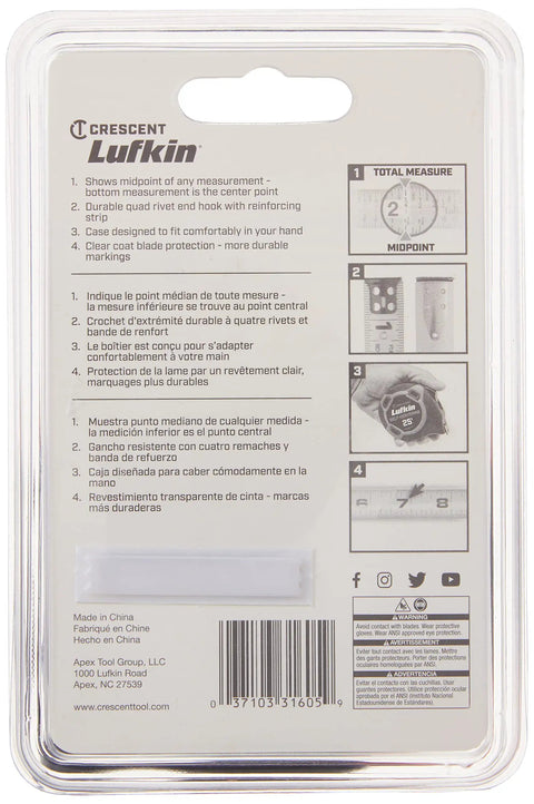 Back of packaging for Self Centering Tape Measure 1 Inch By 25 Foot With Clear Blade Coating Ergonomic Design Pro Grade Durability Reinforced End Hook And Quad Rivet Durable Tape For Easy Centering Precise Readouts And Long Lasting Use
