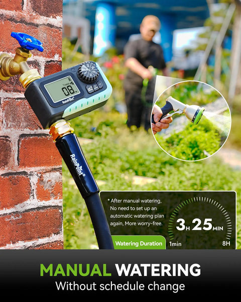 Heavy Duty Metal Garden Hose Timer With Full Flow 100 Percent Metal Pipe attached to brick wall, showing digital display and manual watering option