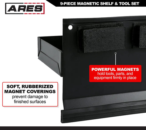 9 Piece Shelf and Tool Set With Magnetic Shelves Magnetic Tray Pick Up Tool Telescoping Mirror And Hook Set, close-up of rubberized magnet coverings on black tray.