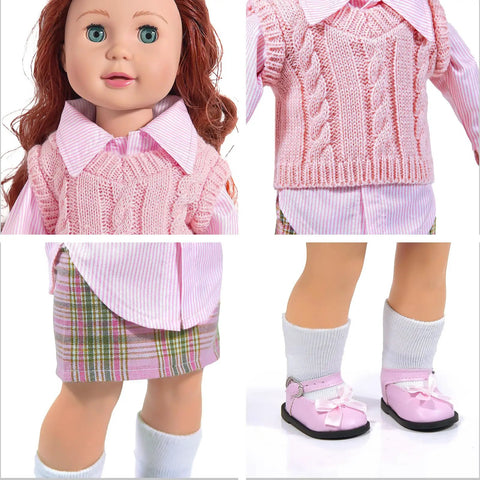18 Inch Doll Travel Play Set With Luggage Case Clothes Shoes Bag Sunglasses Camera Passport Notebook Phone And More Accessories. Focus on doll outfit.