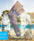 All Day Cooling Arm Sleeves With Heavy Duty UV Protection And Super Breathable Stretch Mesh displayed on ice near pool.