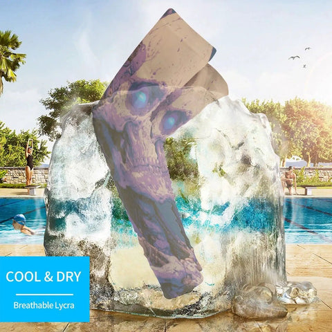 All Day Cooling Arm Sleeves With Heavy Duty UV Protection And Super Breathable Stretch Mesh displayed on ice near pool.