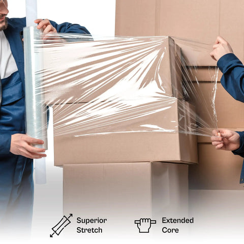 Two people using Heavy Duty Dark Blue Stretch Wrap With Built In Core Handles 20 By 1000 Feet Eighty Gauge to secure cardboard boxes.