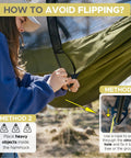 Person setting up a Camping Hammock Tent With Mosquito Net, showing anti rollover design, includes two tree straps.