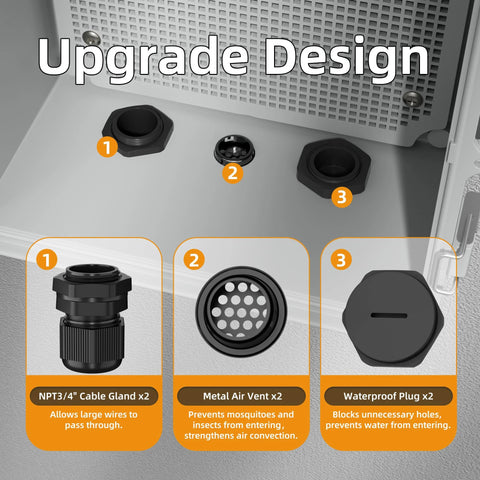 Joinfworld 14x10x6 in plastic outdoor waterproof junction box with two cable glands, two metal air vents, and two waterproof plugs.