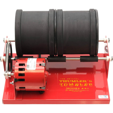 Rotary Rock Tumbler Kit With Dual Rubber Barrels 6 Lb Capacity Each Model AR2 115 showcasing the dual black rubber barrels and red motor.