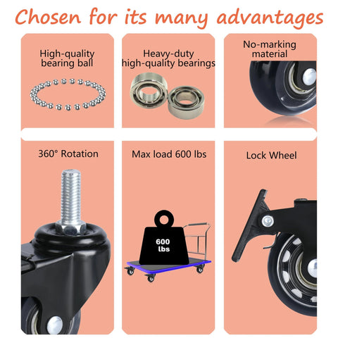Features of Office Chair Caster Wheels Set Of 4 M10 x 25mm Threaded Swivel Casters With Brake For Hard Floors
