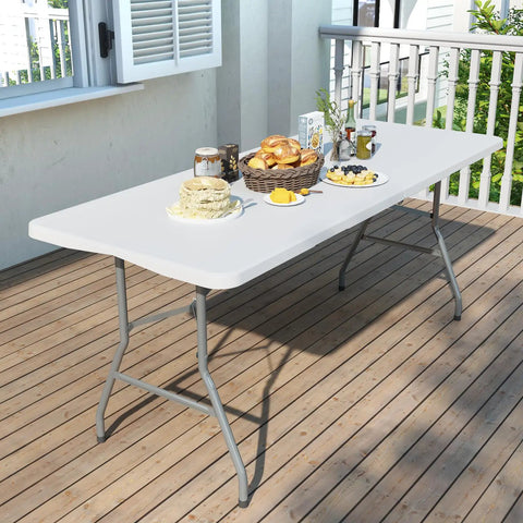 6 Ft Folding Table For Indoor And Outdoor Use Heavy Duty Plastic Foldable Dining Surface No Fuss Carrying Handles White