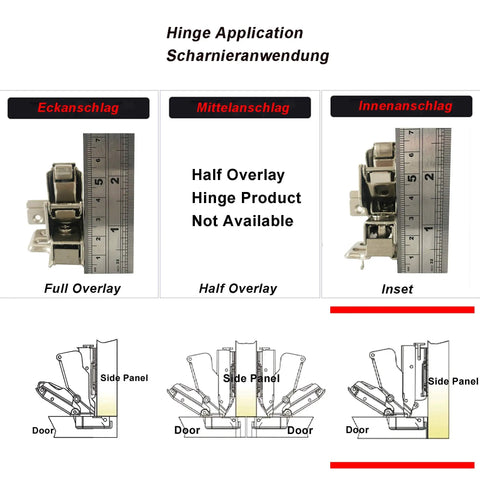 Hinge application guide showing Full Overlay, Half Overlay, Inset options for Killer Soft Close Cabinet Hinges Heavy Duty 35Mm Inset Design.