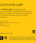 Ellis Floor Lamp with white fabric shade and neutral finish, over 58 inches tall, features a 3-way rotary switch, perfect for any room.