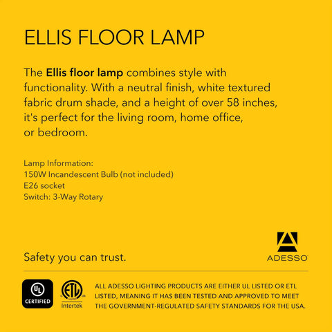 Ellis Floor Lamp with white fabric shade and neutral finish, over 58 inches tall, features a 3-way rotary switch, perfect for any room.