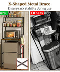 Three Tier Mini Fridge Stand With Heavy Duty Wood And Metal Platforms For Kitchen Dorm Organization, features X-shaped metal brace.