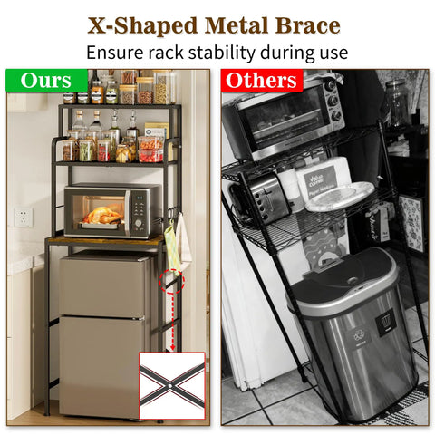 Three Tier Mini Fridge Stand With Heavy Duty Wood And Metal Platforms For Kitchen Dorm Organization, features X-shaped metal brace.