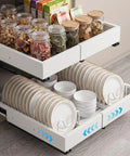 Two Pack Slide Out Cabinet Organizers With Adjustable Width And Depth For Kitchen Storage Smooth Glide Heavy Duty Drawer Pulls Zero Drama Maximize Your Space Straight Up with jars and plates.