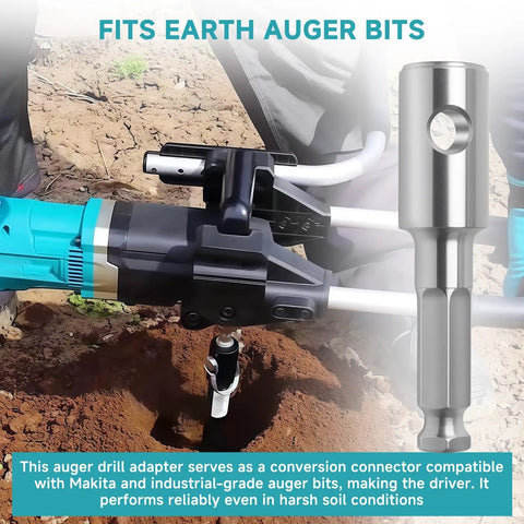 Earth Auger Bit Adapter With 7 16th Inch Hex Shank Compatible With Makita DDG460 Cordless Earth Augers attached to auger