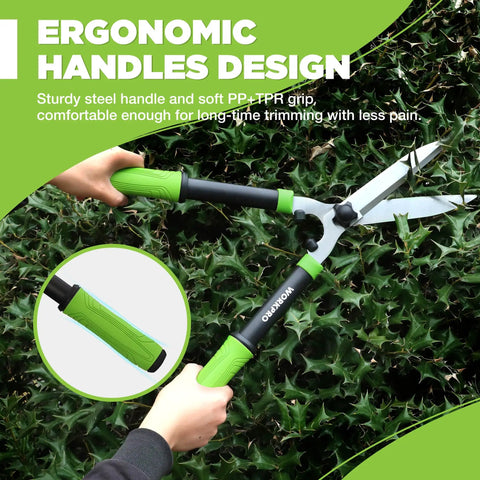 23 Inch Hedge Trimmers With Chrome Plated Steel Blades And Ergonomic Handle shown trimming bushes