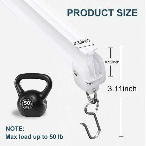 Heavy Duty Aluminum Ceiling Curtain Track System With Flexible Bendable Rails For Ceiling Mount Silent Glide Sliding Room Divider Rail With Hooks 9ft White waterproof hook and 50 lb load size detail