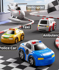 Epic Kids Car Race Track Set For Ages Three And Up with three small cars and helicopter on a city course.