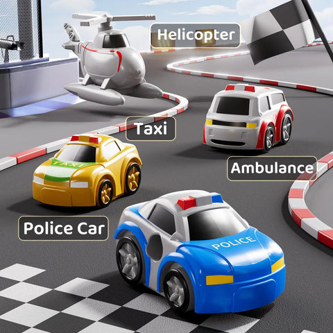 Epic Kids Car Race Track Set For Ages Three And Up with three small cars and helicopter on a city course.