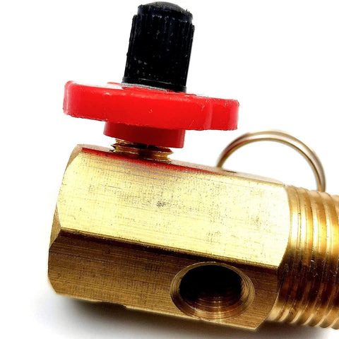 Heavy Duty Brass Air Tank Manifold Replacement Kit With 130 Psi Pop Off Safety Valve And Relief Bypass 1/2 Inch Npt To 1/4 Inch Npt hose outlet close-up view.