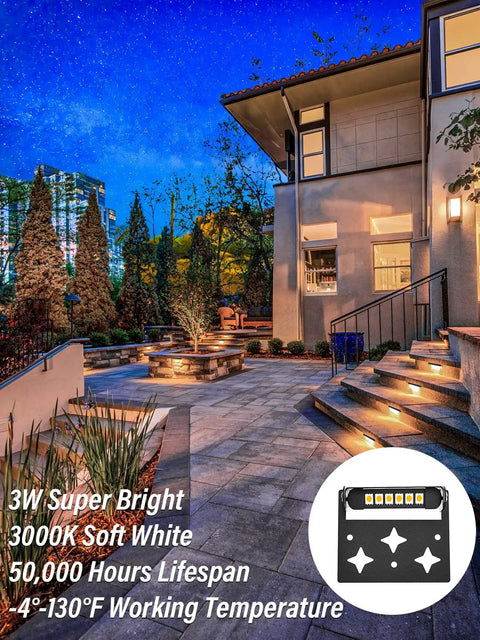 Night view of house with illuminated stairs using 3W Retaining Wall Lights For Outdoor Hardscape Lighting 4 Inch, IP66 Waterproof.