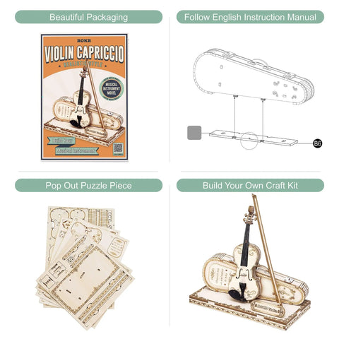 One Fifth Scale Violin 3D Wood Puzzle Kit With Bow And Stand Capriccio Model For Desk Decor Dope Collectible Gift For Men Women Adults Hobbyists Realistic Details Durable Wood Craft, box and parts