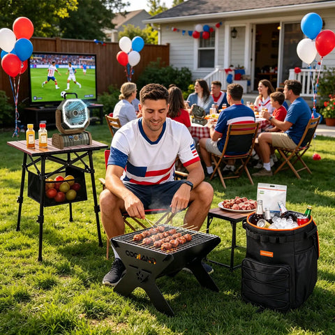 Man grilling at outdoor barbecue with 30000mAh Camping Fan With LED Lantern on a table, party setting, focus on cooling fan.