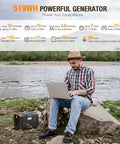 Man using laptop by river with Off Grid Ready 519Wh Portable Power Station With 2 110V AC Outlets 500W Continuous Power Peak 1000W